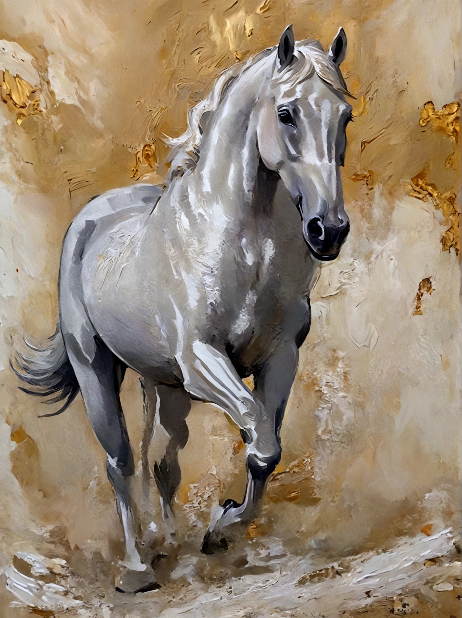 A running white horse,Color portrait,vanilla,bright,Golden background,real,emotion,Thick textured paint,