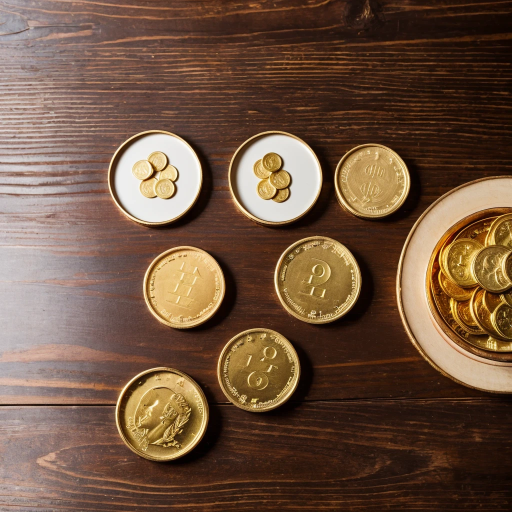 ((only 3 gold coins on the table)),The background is a wooden table, real picture,from above