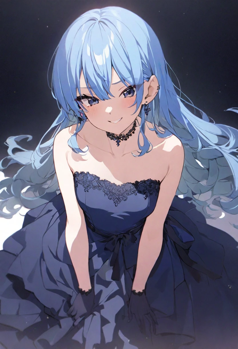 (masterpiece), (best quality), perfect face, beautiful girl, white background background, delicate and beautiful face and eyes, dark intense shadow,
1 girl, vtuber style, cool girl, hololive, Hoshimachi Suisei, blue evening dress, long skirt dress, long gloves, small chest, cropped shoulders, clavicle, winking, smile, body visible through clothes, chest visible through clothes, ass visible through thighs, High heel, (full body), looking at viewer, standing,