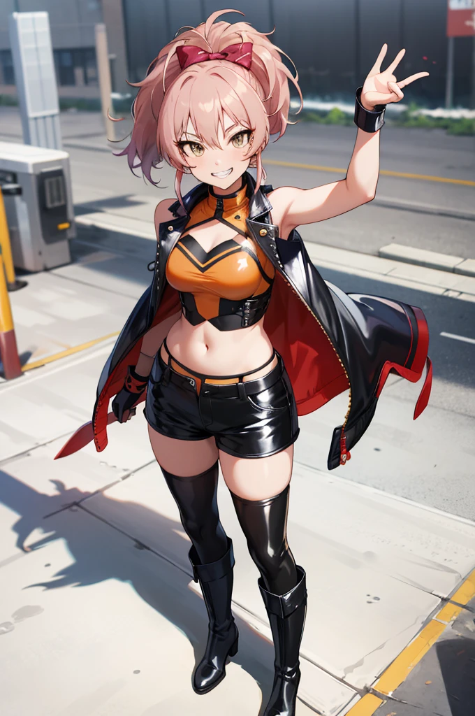 masterpiece, best quality, highres, aamika, ponytail, hair bow,,grin,evil smile, , latex ,looking viewer,thighhighs,shorts,boots,navel,sleeveless,standing,outdoor