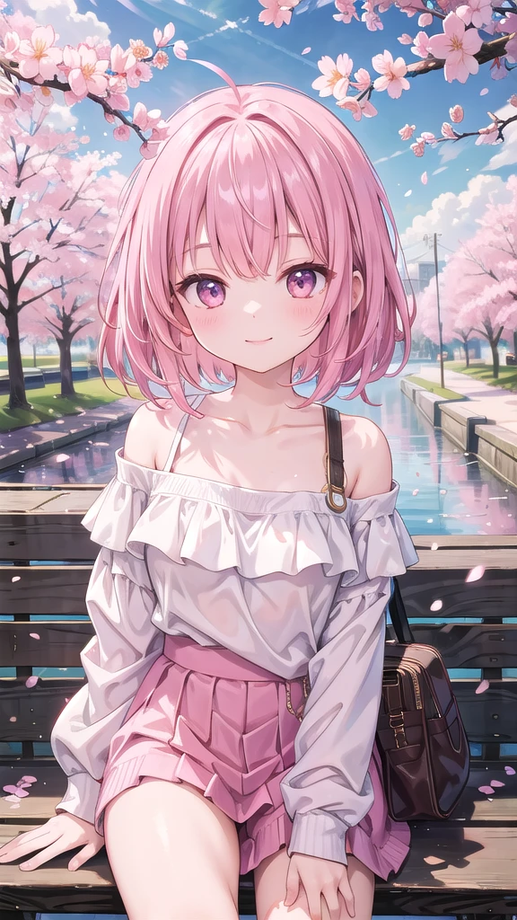 (masterpiece), Go out,cherry blossoms, Outdoor, One Girl, Off-the-shoulder sweater, Medium Hair, Pink Hair, smile, Medium Chest, Particles of light, Spotted sunlight