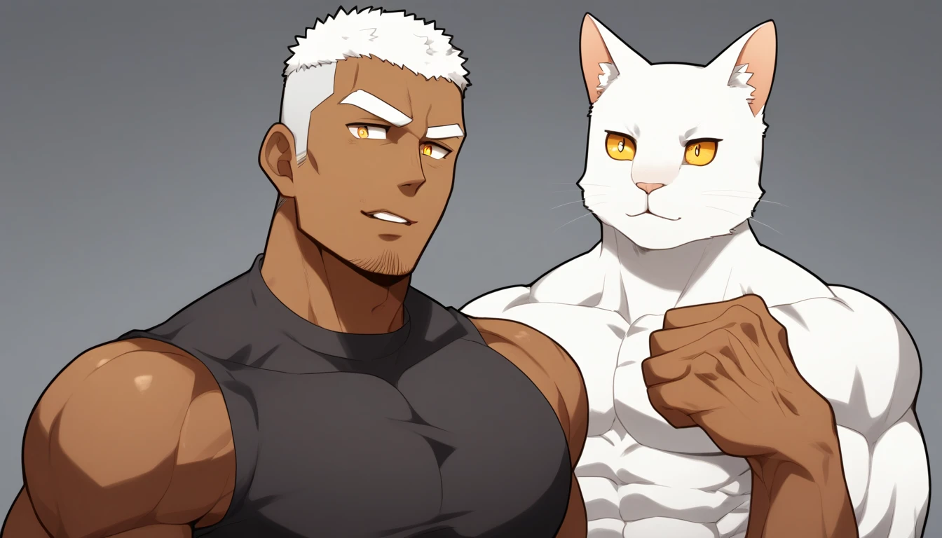 negro, negro, negro, anime characters:Gyee, Fitness coach, negro black skin, 1 muscular tough guy, Manliness, White cat ears, male focus, Cream White Sleeveless Tight T-Shirt, Very tight, The pectoral muscles are oversized, Slightly transparent, muscular male, muscular, only, Upper body, alone, White short hair, Thick eyebrows, stubble, Yellow eyes, Grey background, simple background, amazing quality, best aesthetics, Ridiculous, bright pupils, crew cut, parted lips, seductive smile, torogao, naughty face, drop shadow, best quality