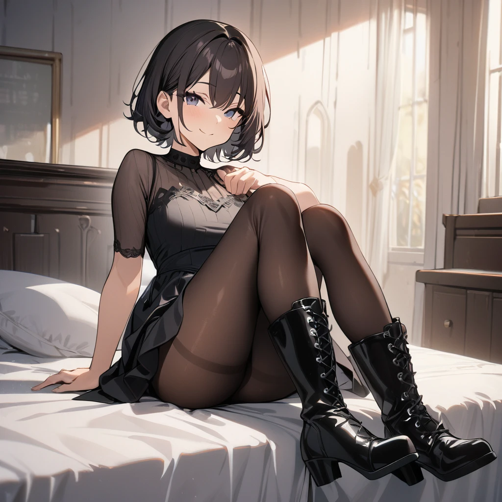 1boy, dark hair, short hair, pantyhose, dress, smile, boots, looking at viewer, sitting, bed, masterpiece, best quality, highres, nice hands, perfect hands