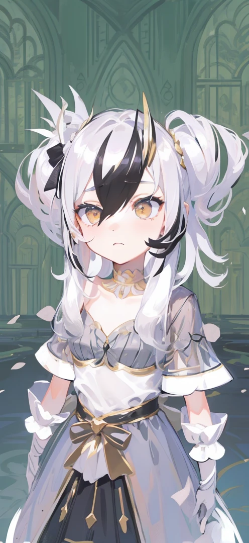 (Extremely delicate, masterpiece, excellent light and shadow, 8K HD wallpaper), white hair, golden eyes, intermittently translucent white clothes, looking at the upper body, lacy hair accessories, pale pink skin, tie at the waist, side braid swing.