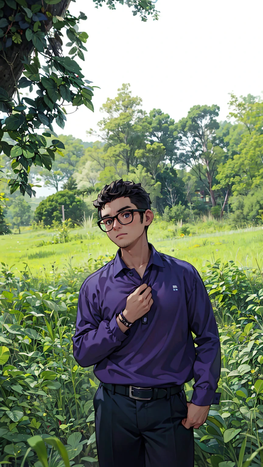 a man, glasses, curly hair, purple shirt