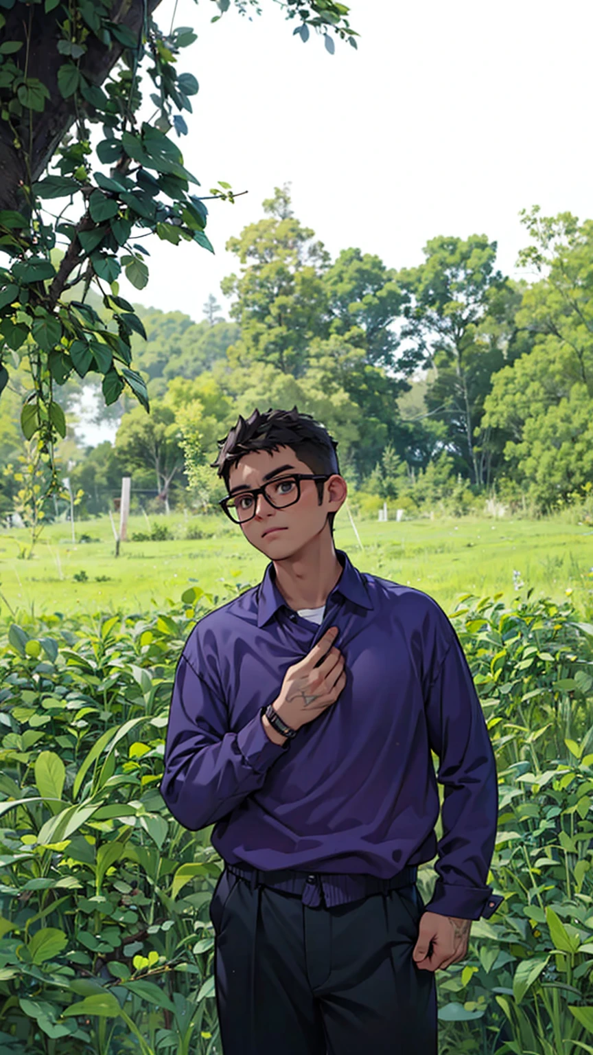 a man, glasses, curly hair, purple shirt