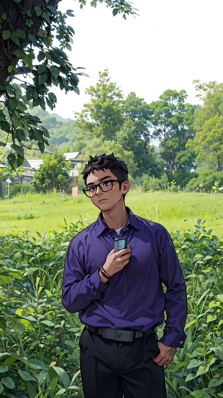 a man, glasses, curly hair, purple shirt