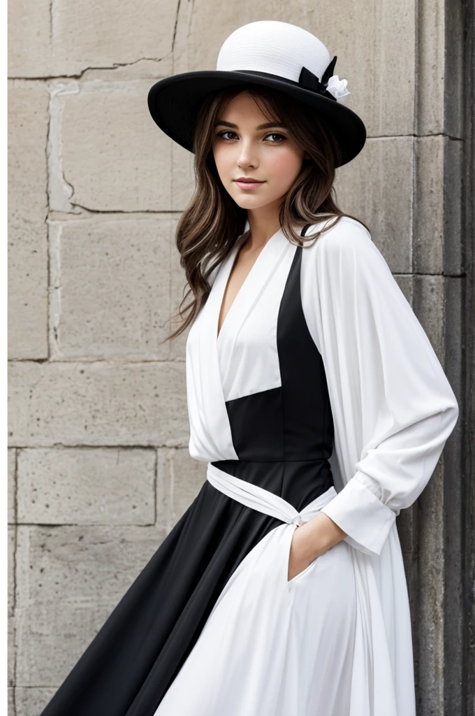 Dessine moi le personnage d une fée dans le style moyen-ageux. Elle porte un chapeau blanc a pois noir. Une longue robe blanche.