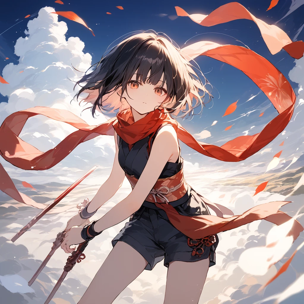 score_9, score_8_up, score_7_up, source_anime, best quality, masterpiece, official art, absurdres, highres, ultra-detailed,waifu2x,Collection: Slice of Life,break,1girl, ninja, noh mask, mask on head, short hair, breasts, beautiful detailed eyes, bike shorts, scarf, sweat, open mouth, expressionless, ninja stance, outdoors, torii, wind,break,(clear line illustration:1.2), super detailed skin,very high resolution, very aesthetic, Best sexual lighting powered by famous artist, 8k,cute picture,beauty illustration,photoshop_(medium),,(Detailed Lighting),best anime 8k konachan wallpaper, pixiv contest winner,
