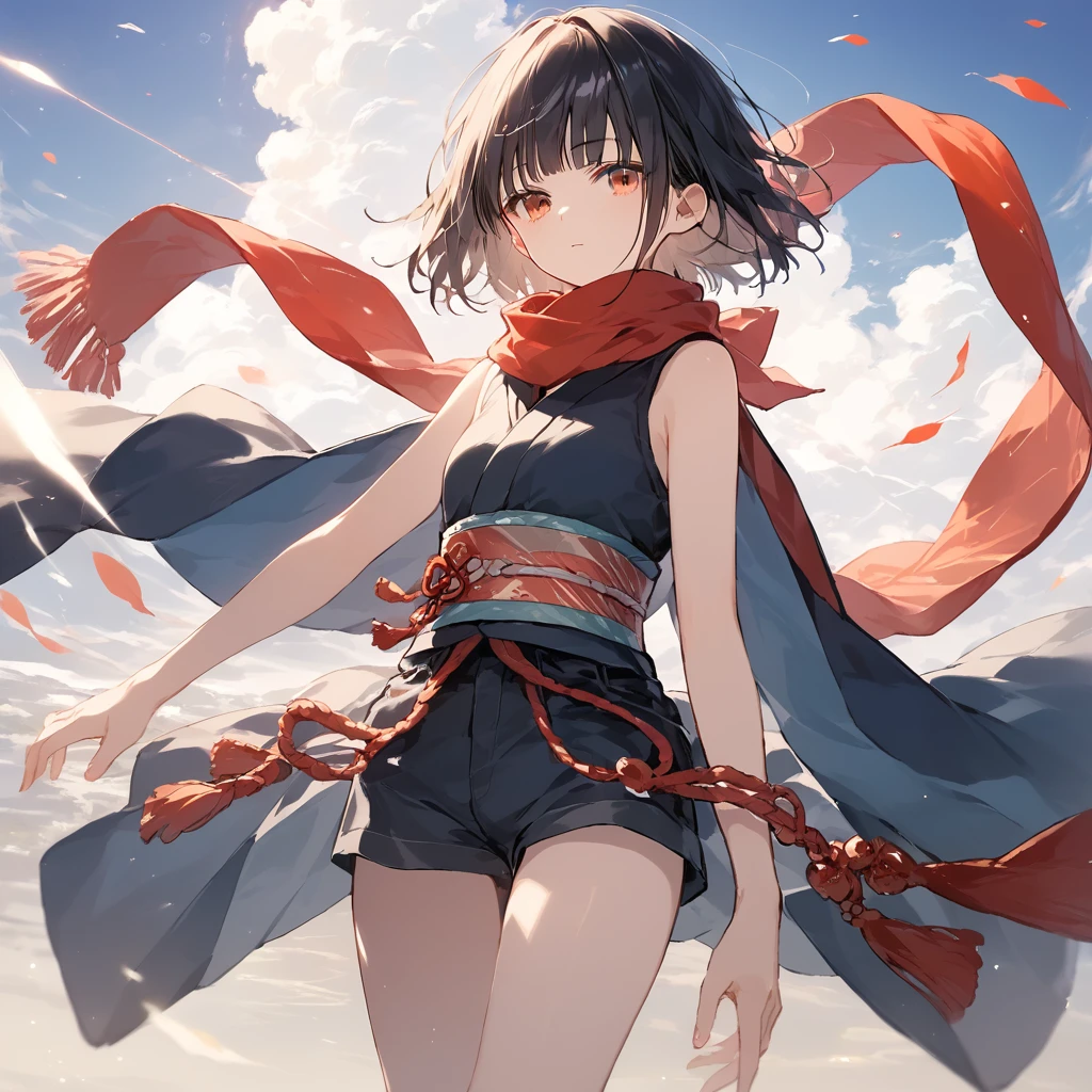 score_9, score_8_up, score_7_up, source_anime, best quality, masterpiece,ultra-detailed,official art, absurdres, highres, waifu2x, break,1girl, ninja girl, short hair, blunt bangs, small breasts,beautiful detailed eyes, expressionless, sleeveless,obi, shorts, scarf, night, wind, outdoors, break,(clear line illustration:1.2),very high resolution, very aesthetic, super detailed skin, Best cinematic lighting powered by famous artist, 8k,cool picture,beauty illustration,photoshop_(medium),,(Detailed Lighting),best anime 8k konachan wallpaper, pixiv contest winner,