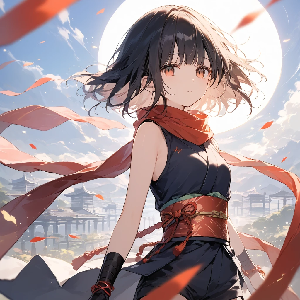 score_9, score_8_up, score_7_up, source_anime, best quality, masterpiece,ultra-detailed,official art, absurdres, highres, waifu2x, break,1girl, ninja girl, short hair, blunt bangs, small breasts,beautiful detailed eyes, expressionless, sleeveless,obi, shorts, scarf, night, wind, outdoors, break,(clear line illustration:1.2),very high resolution, very aesthetic, super detailed skin, Best cinematic lighting powered by famous artist, 8k,cool picture,beauty illustration,photoshop_(medium),,(Detailed Lighting),best anime 8k konachan wallpaper, pixiv contest winner,