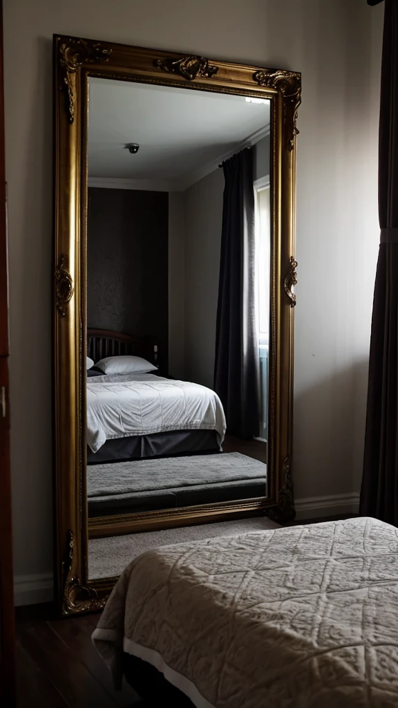 a room with queen size bed and a mirror in front, dark and haunted theme