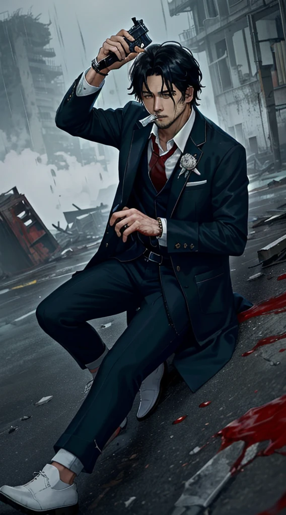 Highest quality, movie quality, scene on the verge of death, ruins, smoking, blood, coat, man (35 years old, tsuntsun head, black hair, coat in a suit, holding a gun in hand, lying on back), rain, fog