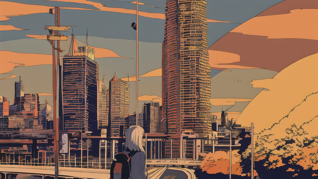 masterpiece, Highest quality, Flat Color, Limited edition palette, Low contrast, (Clear lines), One girl, long straight black hair, Hello, Backpack Looking Away, Are standing. cigarette, Night Sky, city, sunset, Skyscraper, bridge, road signs, Depth of written boundary, Border, black, red, orange, brown, autumn, mist