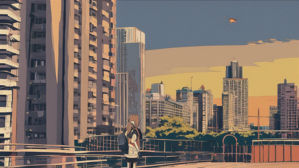 masterpiece, Highest quality, Flat Color, Limited edition palette, Low contrast, (Clear lines), One girl, long straight black hair, Hello, Backpack Looking Away, Are standing. cigarette, Night Sky, city, sunset, Skyscraper, bridge, road signs, Depth of written boundary, Border, black, red, orange, brown, autumn, mist