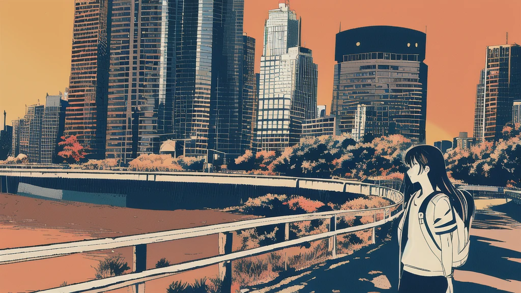 masterpiece, Highest quality, Flat Color, Limited edition palette, Low contrast, (Clear lines), One girl, long straight black hair, Hello, Backpack Looking Away, Are standing. cigarette, Night Sky, city, sunset, Skyscraper, bridge, road signs, Depth of written boundary, Border, black, red, orange, brown, autumn, mist