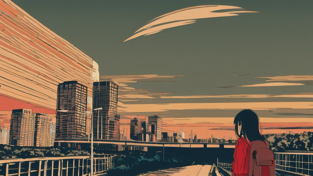 masterpiece, Highest quality, Flat Color, Limited edition palette, Low contrast, (Clear lines), One girl, long straight black hair, Hello, Backpack Looking Away, Are standing. cigarette, Night Sky, city, sunset, Skyscraper, bridge, road signs, Depth of written boundary, Border, black, red, orange, brown, autumn, mist