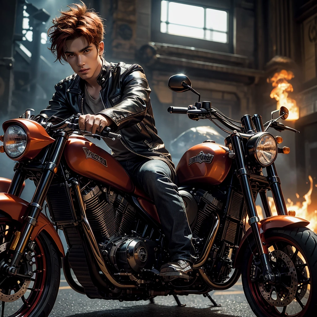 A handsome young man with fiery hair, riding a chopper motorcycle and emitting a sacred flame, set against a dramatic "wall of death" background, highly detailed realistic face with beautiful eyes, long and detailed lips, detailed skin and outfit, detailed motorcycle, dramatic lighting, cinematic composition, 8k, high quality, photorealistic, hyper detailed, vibrant colors, fantasy, mystical, magical realism