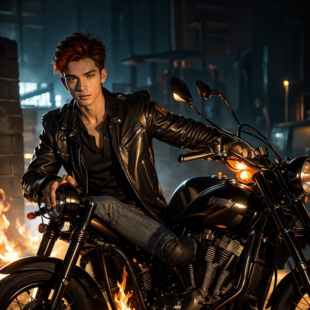 A handsome young man with fiery hair, riding a chopper motorcycle and emitting a sacred flame, set against a dramatic "wall of death" background, highly detailed realistic face with beautiful eyes, long and detailed lips, detailed skin and outfit, detailed motorcycle, dramatic lighting, cinematic composition, 8k, high quality, photorealistic, hyper detailed, vibrant colors, fantasy, mystical, magical realism