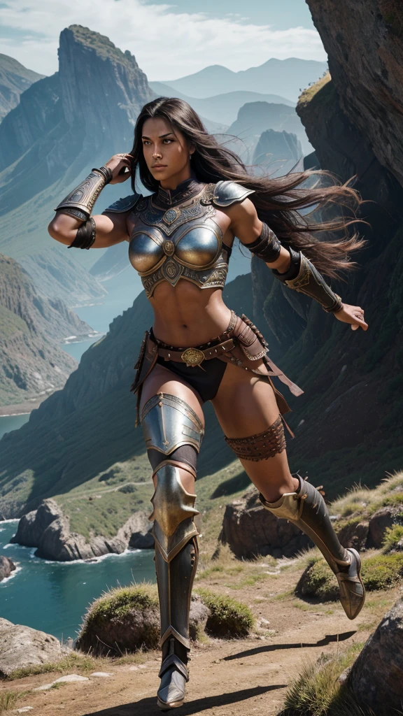 "photorealistic image of a warrior woman in a striking, dynamic scene, mid-stride pose, determined and focused expression, minimal yet elaborately designed armor, dark metallic shoulder armor with sharp edges, chest plate leaving breasts exposed, ornate belt, minimal cloth around waist, intricately designed forearm guards and leg armor, muscular and toned physique, dark skin, long flowing hair partially tied back, rugged natural landscape with high rocky cliffs and grassy terrain, natural lighting highlighting muscles and armor, shadows enhancing three-dimensionality, background slightly blurred, blend of realism with fantasy elements"