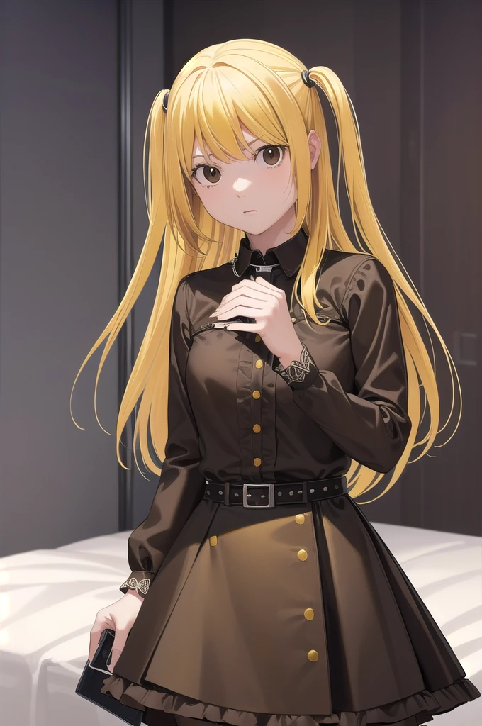 29-year-old、Adult women、Mass Manager, Stop 4, Twin tails, (Brown eyes:1.5), (Yellow Hair:1.5), Side Lock, Long Hair,
break skirt, pantyhose, No sleeve, belt, cross, Frilled Skirt, Gothic, collar, spiked collar,
break indoors, bed,
break looking at viewer, (Cowboy Shot:1.5),
break (masterpiece:1.2), Highest quality, High resolution, unity 8k wallpaper, (figure:0.8), (Beautiful attention to detail:1.6), Highly detailed face, Perfect lighting, Highly detailed CG, (Perfect hands, Perfect Anatomy),death note、Holding a black notebook、