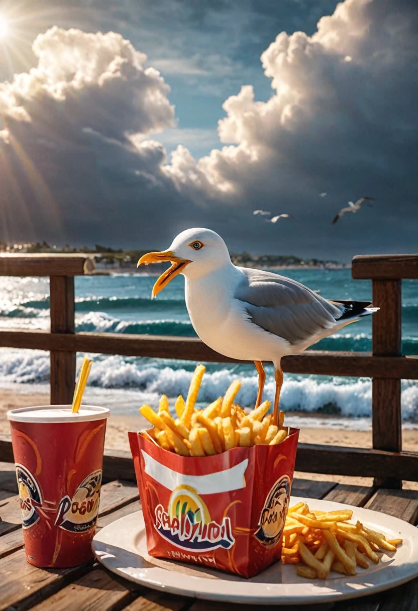 (masterpiece, best quality:1.2), Seagull eating french fries, Very detailed, Reality, HD, 8K, best quality, Dynamic Scenes, Dramatic Lighting, Prime Time, Vibrant colors, Bird perched on railing, Wavy French Fries, Wood texture, Waves, Beach environment, cloudy day, 令人惊叹的Reality（HD）（（best quality））， （（Intricate details））， （8K）