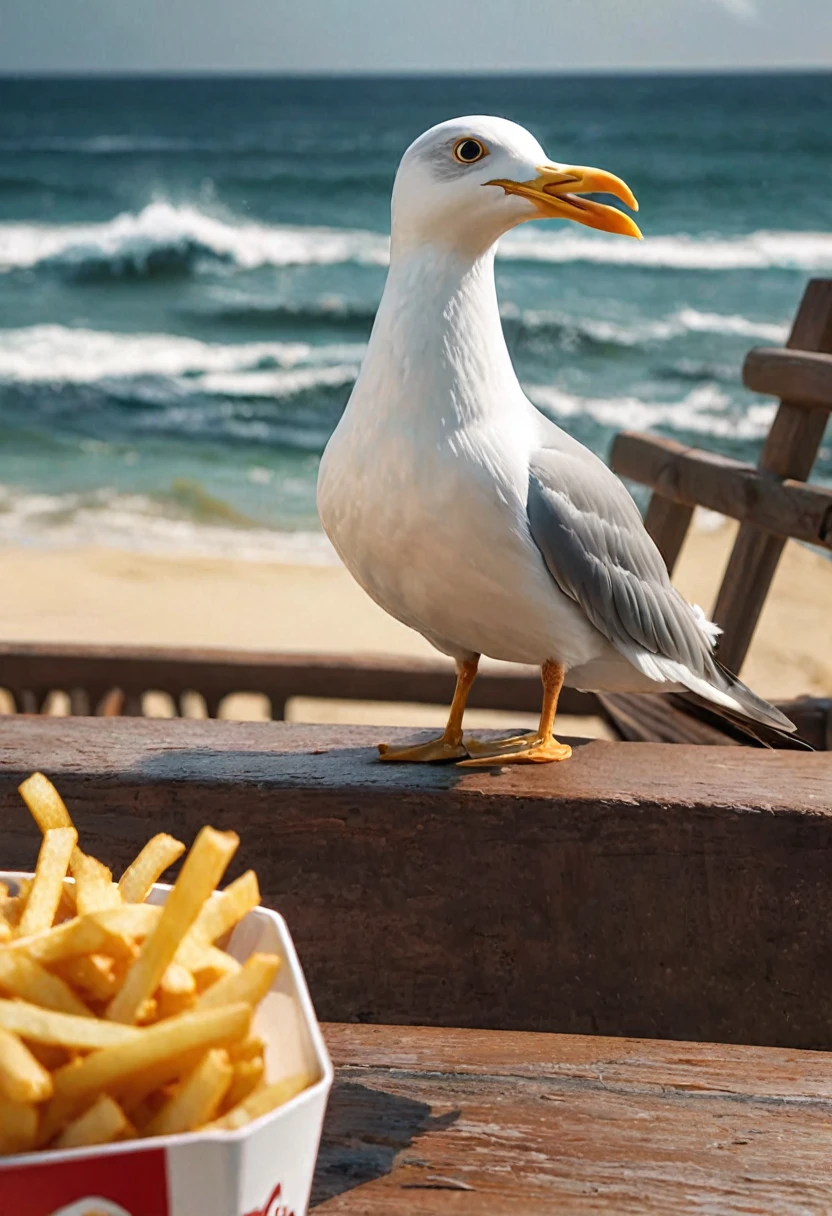 (masterpiece, best quality:1.2), Seagull eating french fries, Very detailed, Reality, HD, 8K, best quality, Dynamic Scenes, Dramatic Lighting, Prime Time, Vibrant colors, Bird perched on railing, Wavy French Fries, Wood texture, Waves, Beach environment, cloudy day, 令人惊叹的Reality（HD）（（best quality））， （（Intricate details））， （8K）