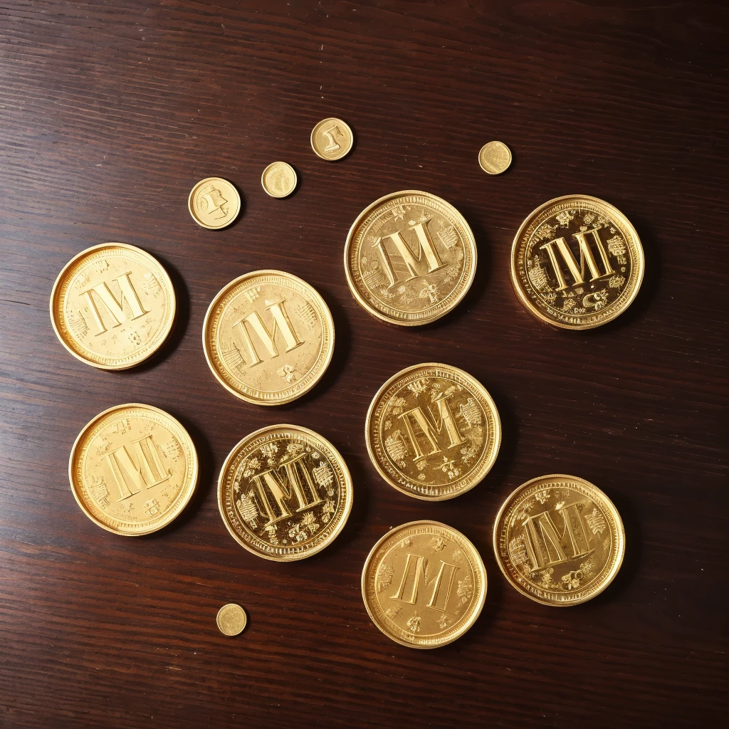 ((3 gold coins on the table)),The background is a wooden table, real picture,from above