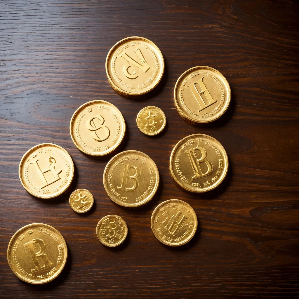 ((3 gold coins on the table)),The background is a wooden table, real picture,from above