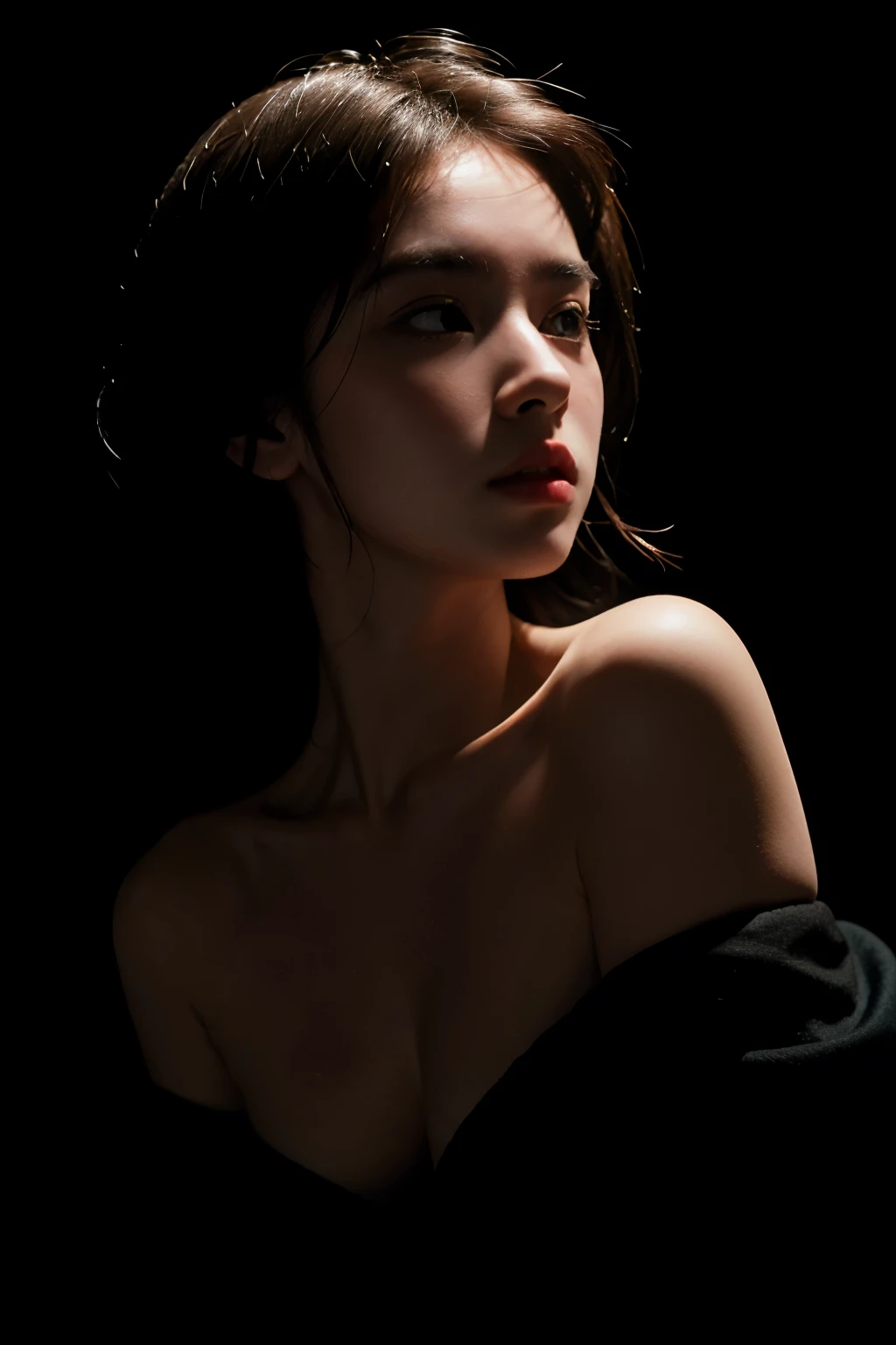 Best quality, masterpiece, ultra high res, (photorealistic:1.4), raw photo, 1girl, offshoulder, in the dark, deep shadow, low key, cold light, chiaroscuro