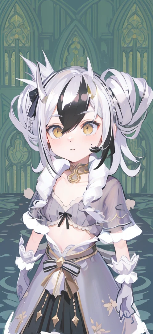 (Extremely delicate, masterpiece, excellent light and shadow, 8K HD wallpaper), white hair, golden eyes, intermittently translucent white clothes, looking at the upper body, lacy hair accessories, pale pink skin, tie at the waist, side braid swing.