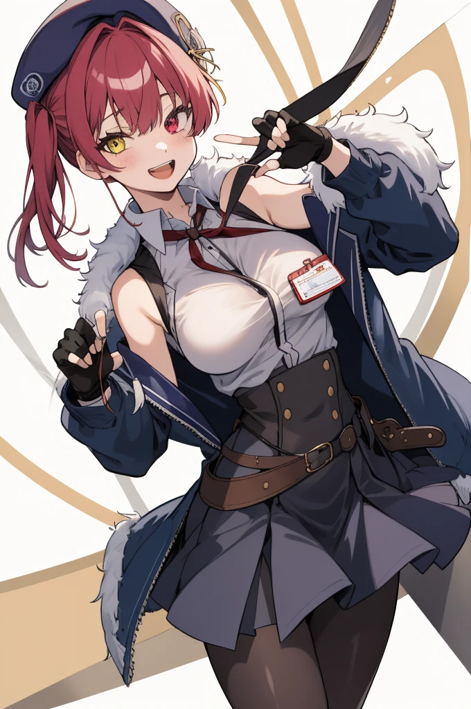 2d, masterpiece, best quality, anime, highly detailed,, 1girl, solo, marine_beret, collared shirt, sleeveless, high-waist skirt, pantyhose, blue jacket, fur trim, fingerless gloves, id card, heterochromia, red eyes, yellow eyes, huge breasts,open mouth,((nsfw)),sweating,grin,open shirts,indoor,standing,shoes