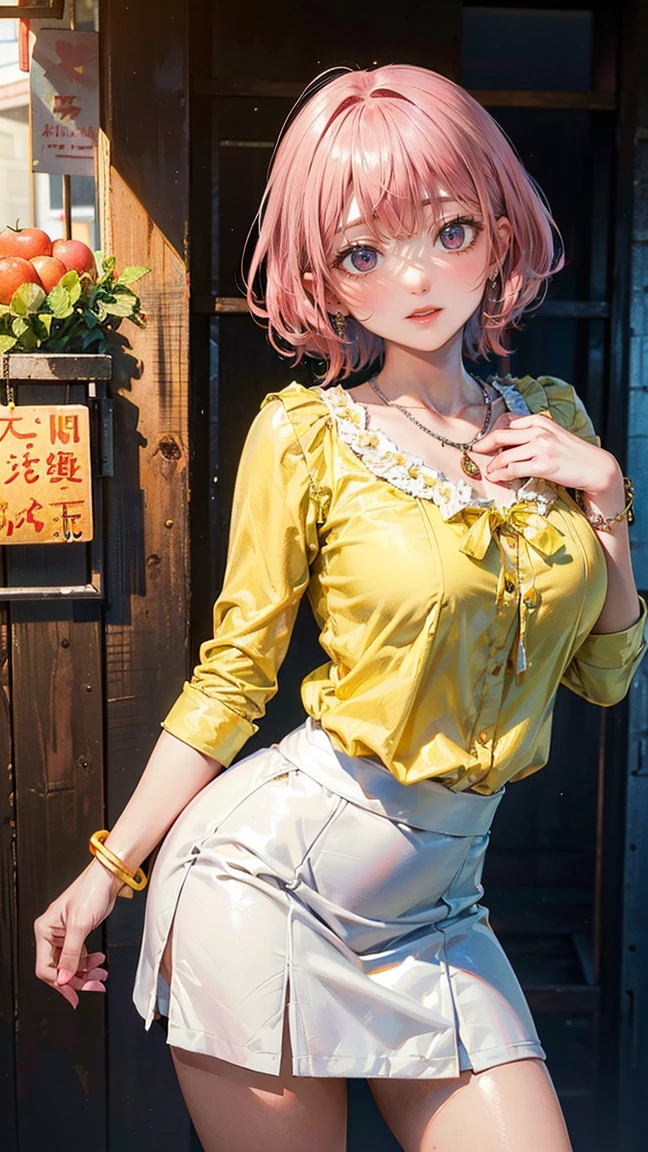 (Masterpiece, BestQuality:1.3), (ultra detailed:1.2), (hyperrealistic:1.3), (RAW photo:1.2), High detail RAW color photo, professional photograph, (Photorealistic:1.4), (realistic:1.4), professional lighting, perfect anatomy, (Big Breasts:1.2), (blush, detailed face), (cheerful Smile:1.5), Trending Hair&Trending Hairカラーをランダムに, earrings, necklace, bracelet, sexy, erotic sexy, Random sexy gravure poses, (Beautiful woman wearing a yellow blouse and white skirt。The background is a summer market。A bright smile on her face。Her hair is short and straight with pink hair.。The pose is choosing fruit。:1.3)