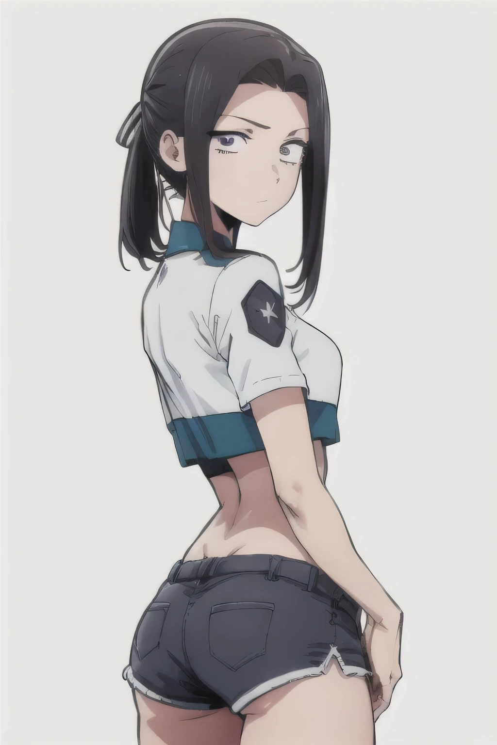 One, 1 Girl, I look at the viewer, 2d, anime, anime coloring, (Solid white background:1.3), Saegusa monkey, tie in crop top and shorts, ass