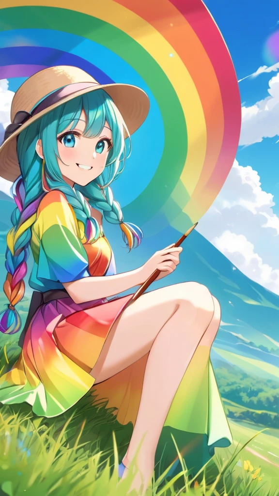 Female, mature, Beautiful, Humble, Kind, long hair upper waist Stright Braided Hairstyles, Aqua blue pupil eyes colour, Multi-haired Colours bright cyan Hairs, wear coppola hat rainbow colours, rainbow dress flowing with skirt, holding small brush sit on grass front smiling, Open grassland background in the morning. Anime style, vivid colours.