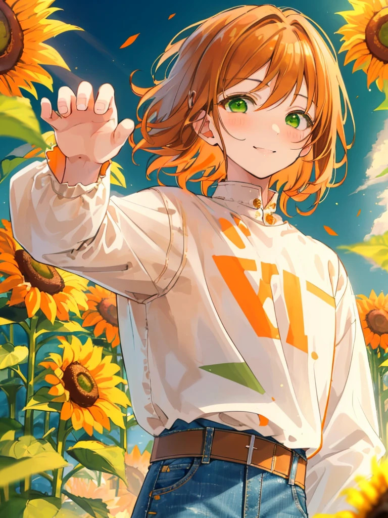 masterpiece、Highest quality、Super detailed、Very delicate、solo、One boy、1 male、(Orange brown hair:1.25),(Fluffy hair:1.2),(short hair:1.2),(Center parted bangs),sunflower,(Green Eyes:1.4),(blush)、smile,(Long sleeve shirt:1.25),(denim:1.35),