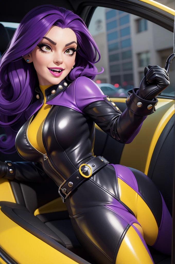 obra prima, melhor qualidade, (emma peel vamp 70yo face wrinkles) head back, sassy wicked girl, big toothy smile, open mouth, (shiny purple lipstick,) thick smoky black eye shadow, long fake eyelashes, raven black mullet hair, ((totally yellow leather spy girl suit,)) with studs zippers snaps, shiny leather gloves, body is skinny, reclining in car seat, dazzle pose, pinup pose, exaggerated selfie pose, camera view of the back of her body, looking down at me, shallow depth of field, highres, HD, 8k, anatomically correct