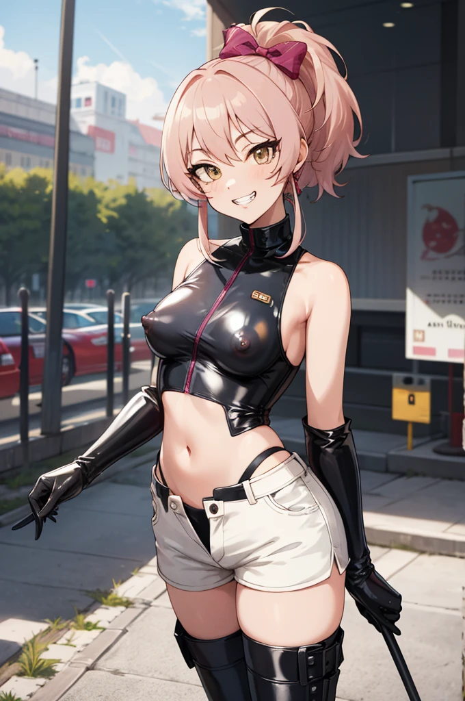 masterpiece, best quality, highres, aamika, ponytail, hair bow,,grin,evil smile, , latex ,looking viewer,thighhighs,shorts,boots,navel,sleeveless,standing,outdoor,((nsfw))