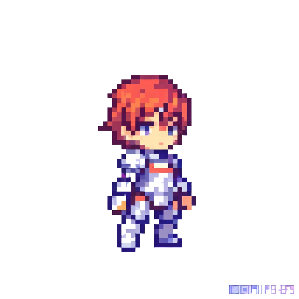 masterpiece , best quality , pixel art , 1 boy , fantasy clothes , full body , white background , hero , deformed , junior , red armour , chibi