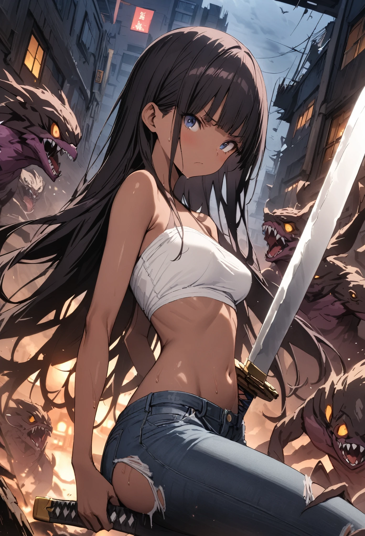 Many monsters attack、(((masterpiece, Highest quality:1.3,absurdres))),nsfw,25 year old beauty,solo,((very small head:1.2)),long hair,bangs,dark blue hair,dark blue eyes,gorgeous eyes,Angry expression、medium breasts,((very long body:1.2)),((toned body,slender body)),skinny,(((tan skin:1.2))),gleaming skin,shiny skin,sweat,((naked,nipples,navel,Injury)),White sneakers,Holding a precisely rendered Japanese sword、Fighting stance with a Japanese sword、(Lots of monsters),Collapsed building,Tokyo、at night、