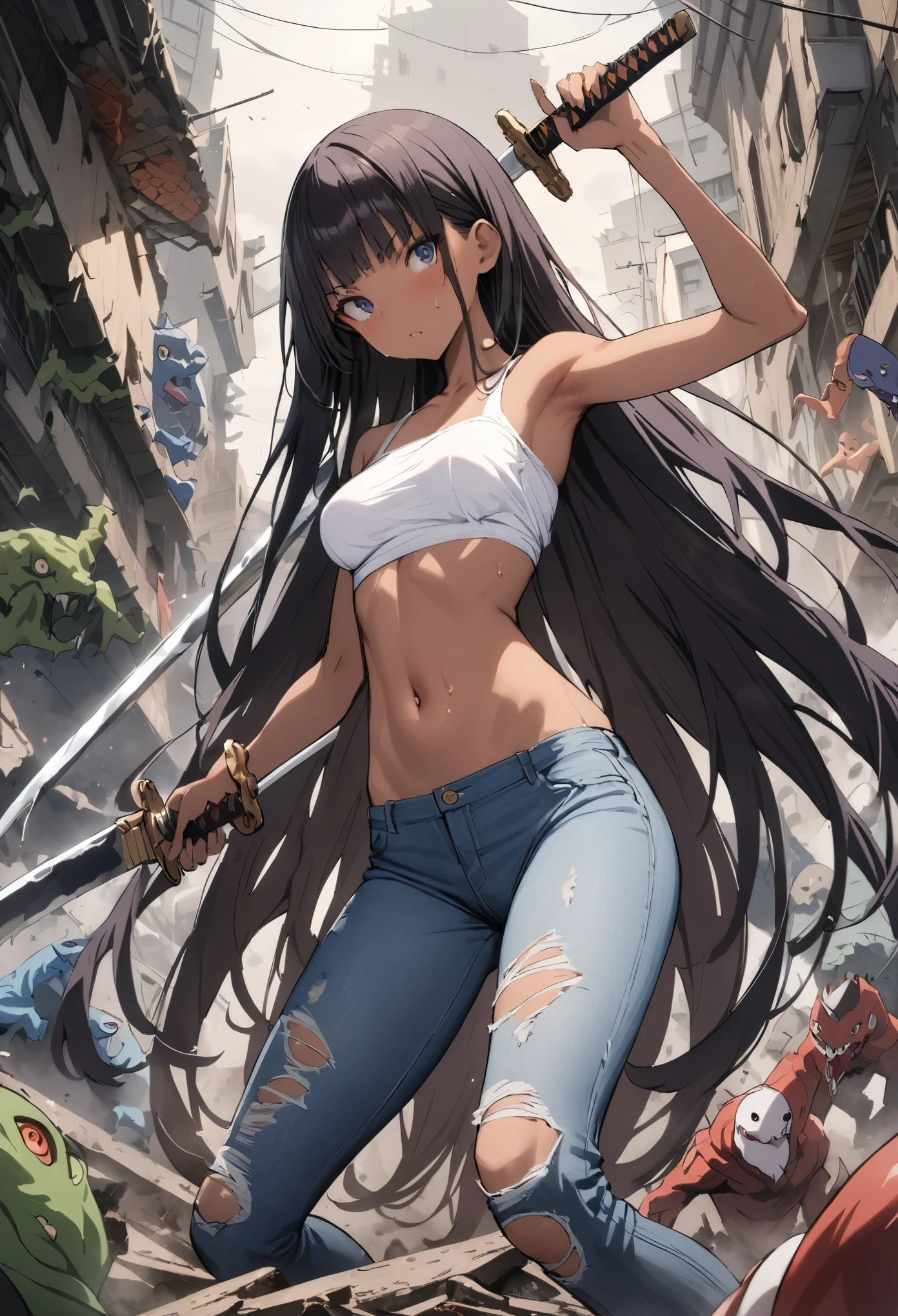 Many monsters attack、(((masterpiece, Highest quality:1.3,absurdres))),nsfw,25 year old beauty,solo,((very small head:1.3)),long hair,bangs,dark blue hair,dark blue eyes,gorgeous eyes,Serious expression、medium breasts,((very long body:1.2)),((toned body,slender body)),skinny,(tan skin),gleaming skin,shiny skin,sweat,((ripped jeans)),((White tube top,navel)),Japan holding a sword in both hands、Fighting stance with a Japanese sword,(Lots of monsters),Collapsed building,Tokyo、at night、