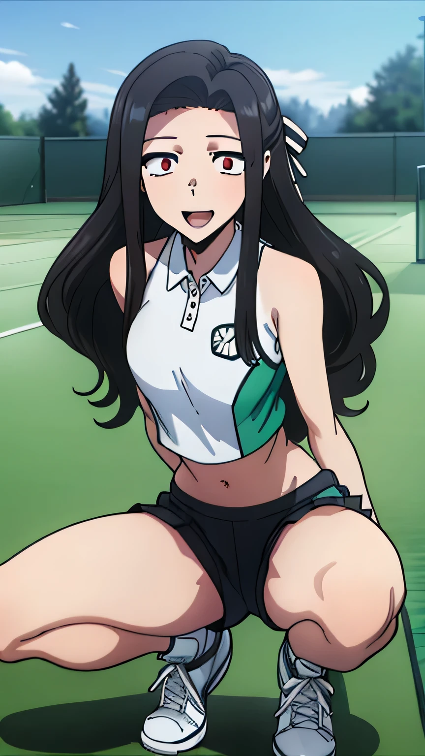 (masterpiece), High quality, (detailed background), 1 Girl, One,
ChopioMayumi, black hair, long hair, Wavy hair, sidelocks, hair ribbon, Red eyes, (I look at the viewer:1.3),
mature woman,
In a crop top and shorts Outdoors, (Tennis court:1.2),
squat, smile, open mouth, 