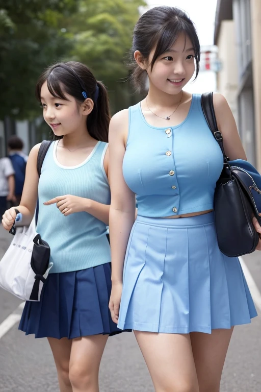 Two -yeld Jaese elementar15
cm tall and super enormous-breasted, (super enormous breasts), are walking to school wearing Baby blue micro mini skirt, Baby blue tank tops, (navel-baring), and carrying school bags,