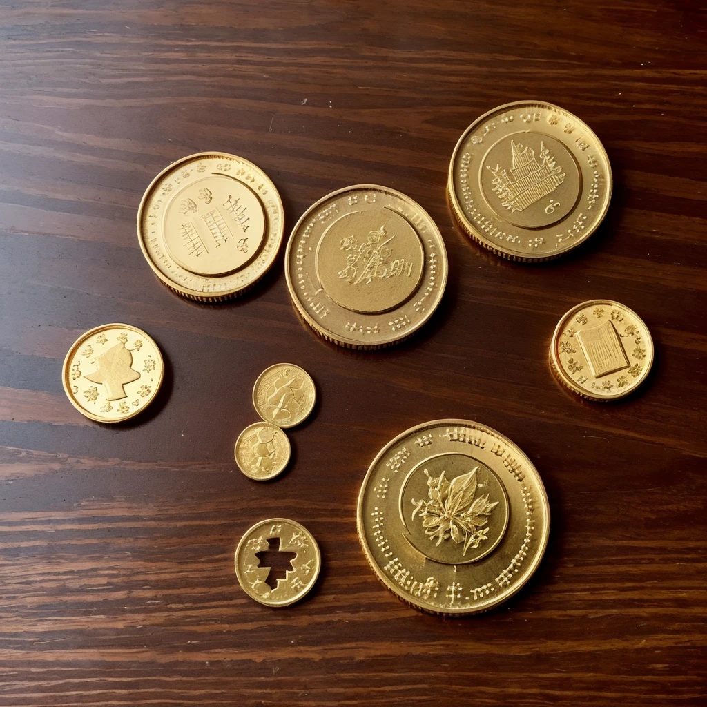 ((only 3 gold coins on the table)),The background is a wooden table, real picture,from above