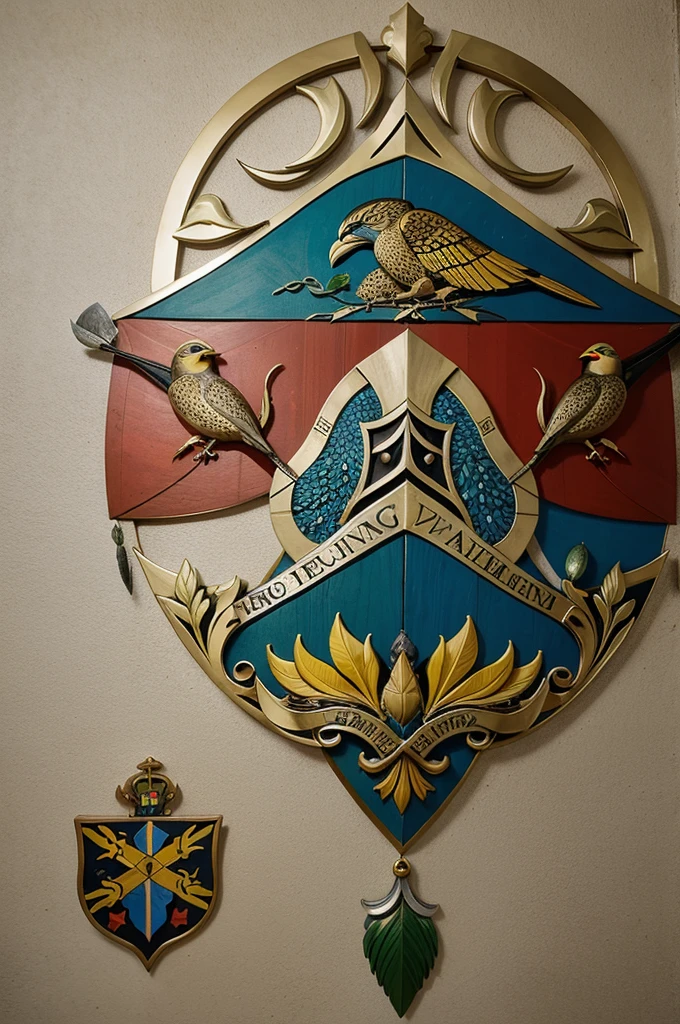 Shield divided into four quadrants:
Top Left: Clove and Nutmeg for the Maluku Islands.
Top Right: Mountains and Sea for Sulawesi and other coastal regions.
Bottom Left: Traditional Shield and Spear for Timor and surrounding islands.
Bottom Right: Coconut Tree and Fish for the economic activities.
Central Emblem: A Bird of Paradise,
symbolizing biodiversity.
Supporters: Birds of Paradise on each side.
Crest: A Sun rising over Waves, representing hope and maritime significance.
Motto: "Unity in Diversity" beneath the shield.
This visualization provides a symbolic and colorful representation of what the coat of arms might look like.