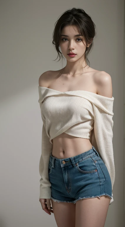 Best quality, masterpiece, super high resolution, (realism: 1.5), original photo, 1girl, off-shoulder, low-key, cold light, sexy look, short hair, breast-revealing top, European and American top, sexy hot girl deep V low-cut, fitness Sports, slim fit, elastic solid color, exposed navel, short vest, new fashion FSCR, denim shorts, slender white legs