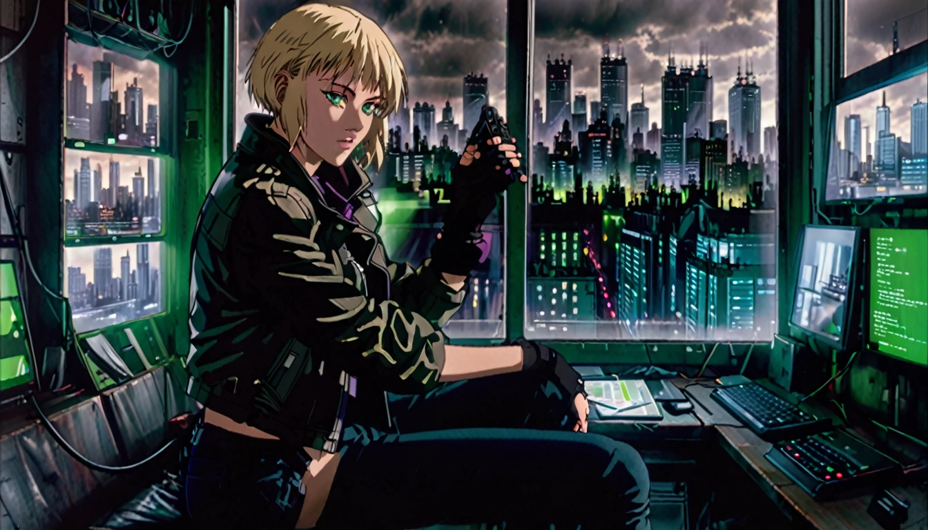 1girl, blonde hair, short hair, green eyes, glowing left eye, 21 years old, leather jacket, gloves, black gloves, jeans, boots, dark warehouse, 1 computer with three led monitors, window, city, detailed realistic portrait, cinematic lighting, dramatic contrast, moody atmosphere, high quality, highly detailed, sharp focus, photorealistic, hyperrealistic, dramatic lighting, intricate details, vivid colors, cinematic composition, high resolution, masterpiece