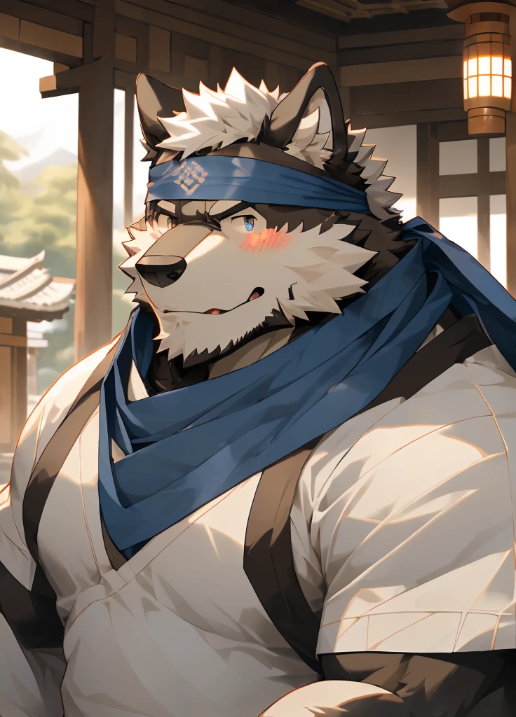 (masterpiece),(Very detailed),(best quality),hairy,Wolf,Black fur,white hair,Gray pupil,Muscular,(Japan samurai attire),((blue scarf)),((Brown headband)),(blush:1.1),Handsome expression,Temple Background,8K,(high quality),(Ultra high quality),(Super detailed),(Best Works)