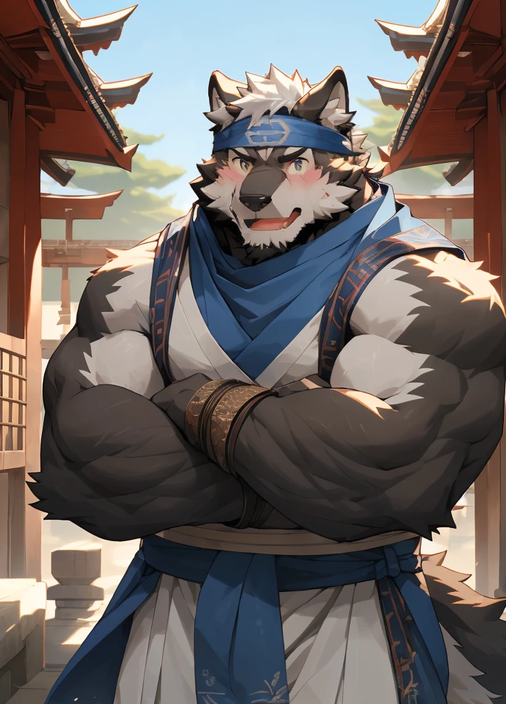 (masterpiece)，(Very detailed)，(best quality)，hairy，Wolf，Black fur，white hair，Gray pupil，Muscular，(Japan samurai attire)，((blue scarf))，((Brown headband))，(blush:1.1)，Handsome expression，Temple Background，8K，(high quality)，(Ultra high quality)，(Super detailed)，(Best Works)