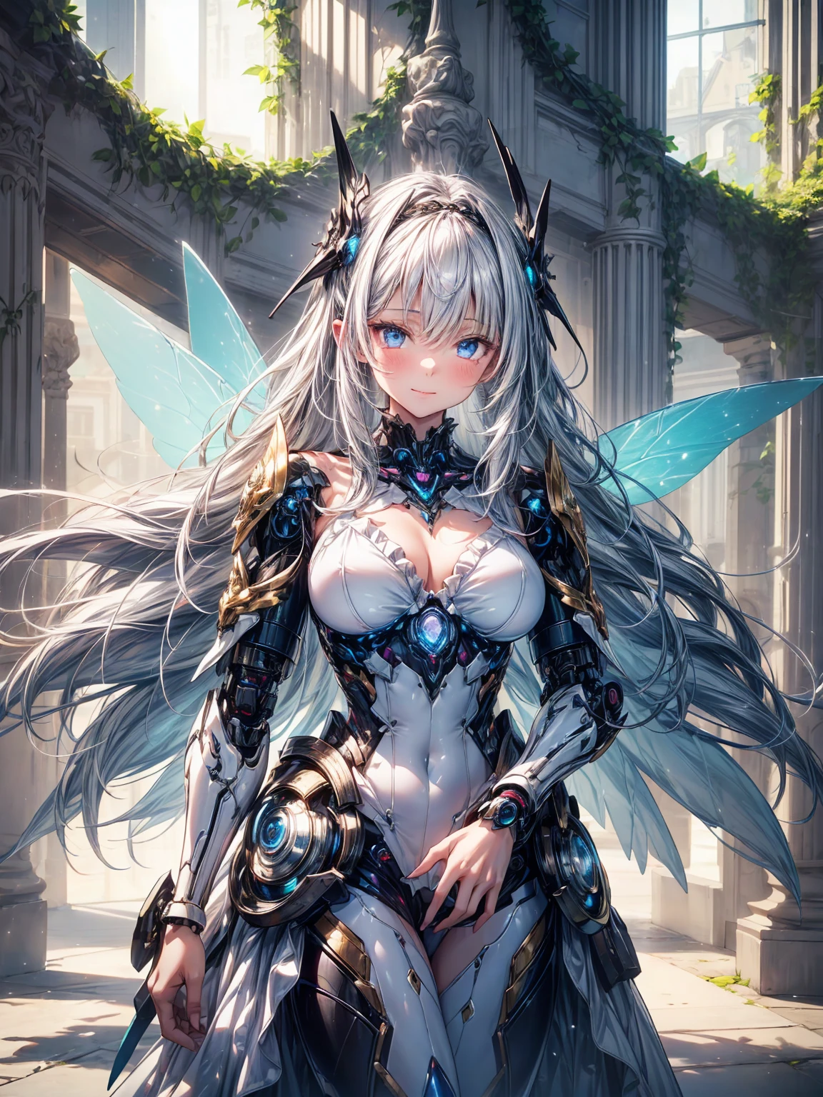 (1 Girl: 1.0),
(18-year-old:1.0), (Medium Chest:1.2), (Silver Braid: 1.0), (Beautiful photorealistic face:1.1), (Clear blue little eyes: 1.0), (Cybernetic female robot:1.0), (Mecha Suit:1.0), (White Gothic Breastplate:1.0), (Doll joints:1.0), (Classic Ivy League colored tutu with gorgeous ruffles: 1.1), (Gold decorative embroidery: 1.0), (iridescent holographic fairy wings: 1.1), (A kind smile, Happy:1.0),
She stands in arabesque pose in front of a large glass window。.
Highest quality, masterpiece, (Photorealistic Style:1.2
